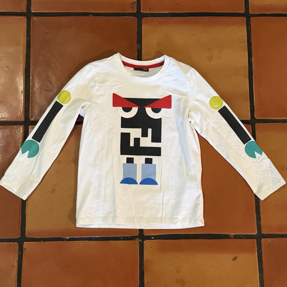 Fendi Kids Boys Monster Eyes Robot Graphic Long Sleeve Tee Size 6 Italy